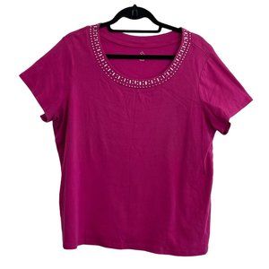 DB Woman Pink T-Shirt Plus Size 1X Embellished Short Sleeve Stretch